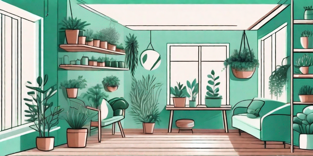 A cozy home interior featuring various types of plants placed strategically around the room
