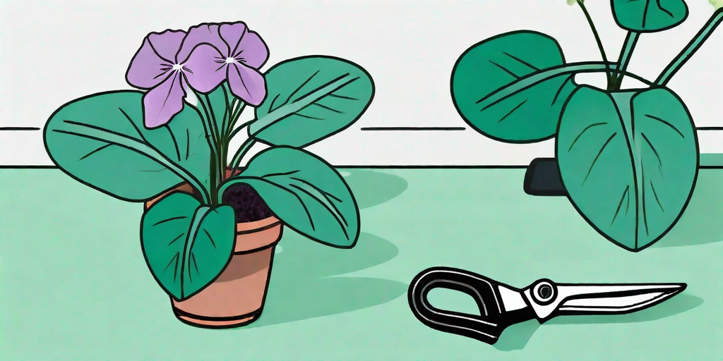 A healthy african violet plant with a pair of pruning shears nearby