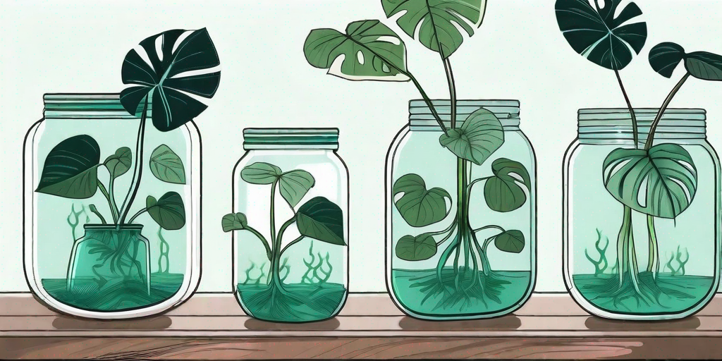 A monstera plant with its leaf cuttings in water jars