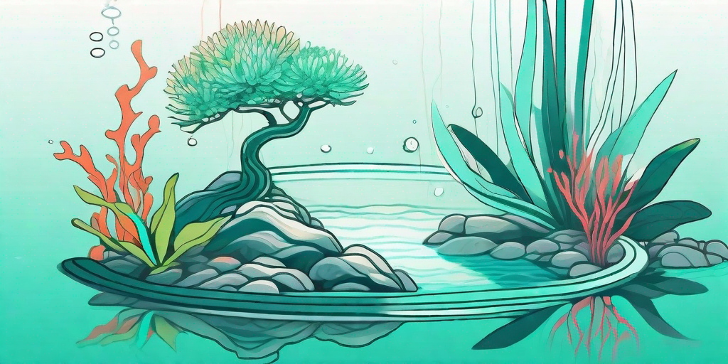 A tranquil underwater scene showcasing an aqua bonsai tree surrounded by colorful aquatic plants and fish