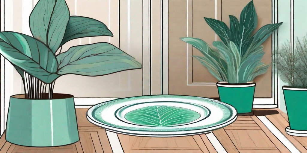 Various decorative plates placed under indoor potted plants on different types of flooring (wooden