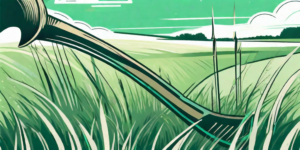 A scythe positioned upright in a field of tall grass