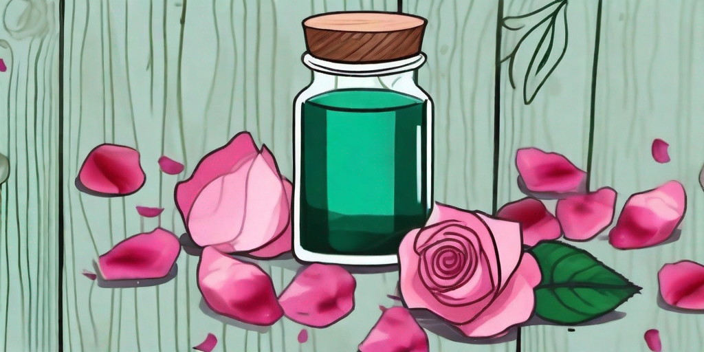 A glass jar filled with rose petals and oil on one side