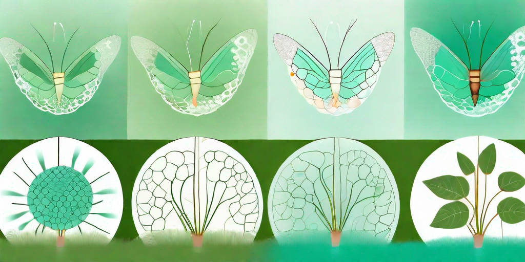 A garden scene highlighting the different stages of a lacewing's life cycle