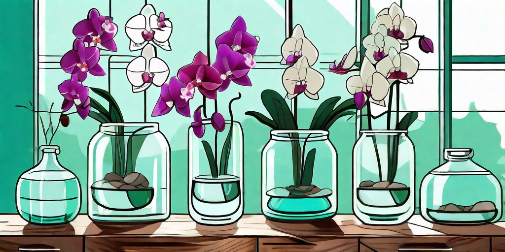 Various types of vibrant and beautiful orchids thriving in clear glass vases filled with water