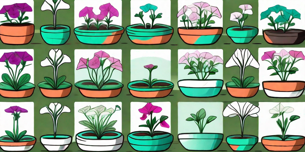 Vibrantly colored petunias in various stages of growth