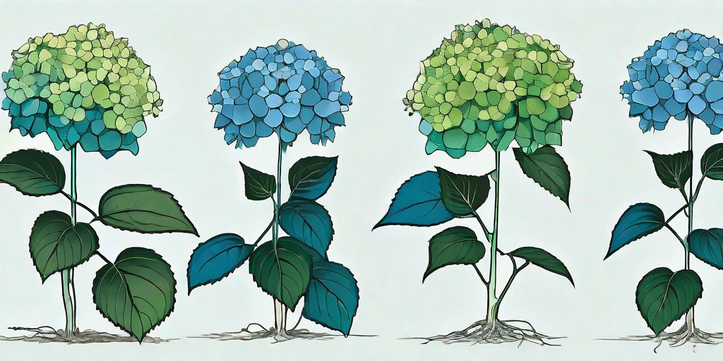 A sequence showing a wilting hydrangea plant transitioning into a thriving one after being transplanted