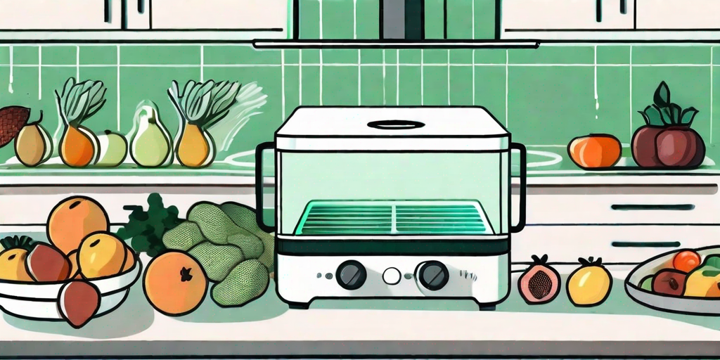 A home kitchen setup showing a food dehydrator in operation