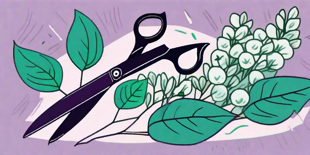 A pair of garden shears carefully trimming a lush lilac bush