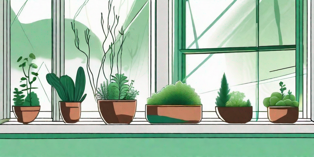 An indoor scene with a variety of moss types growing in different containers