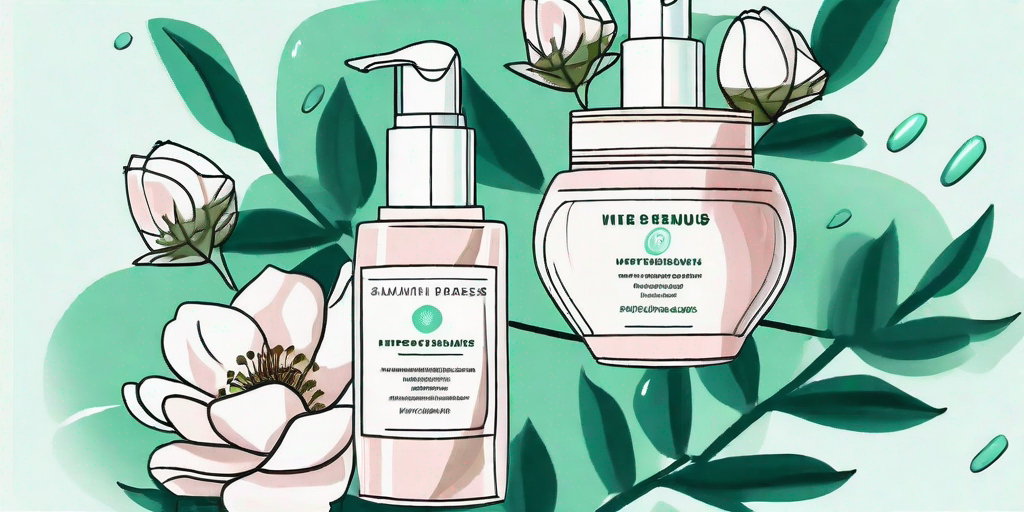 Wild roses intertwined with skincare products like creams and serums