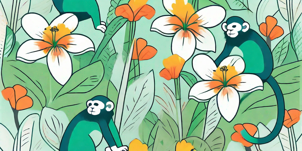 A playful scene featuring various types of vibrant monkey flowers in a lush garden