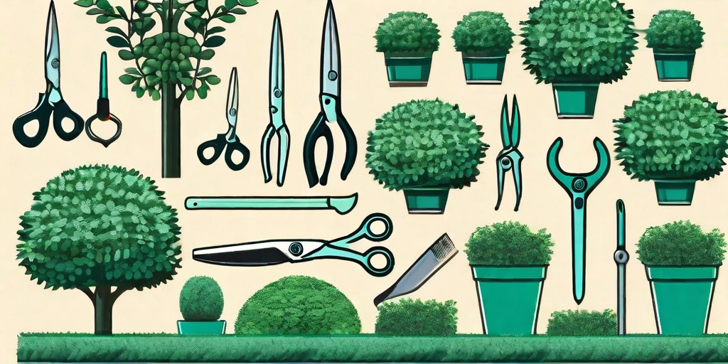 A well-trimmed boxwood garden with a variety of tools like shears and pruners neatly arranged nearby