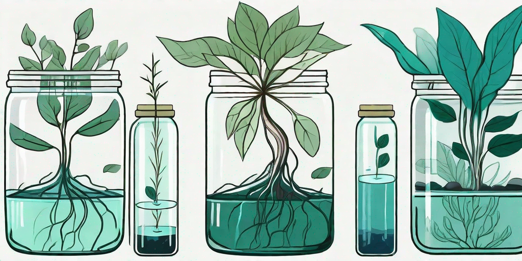 Various types of plants with their roots submerged in water-filled glass jars