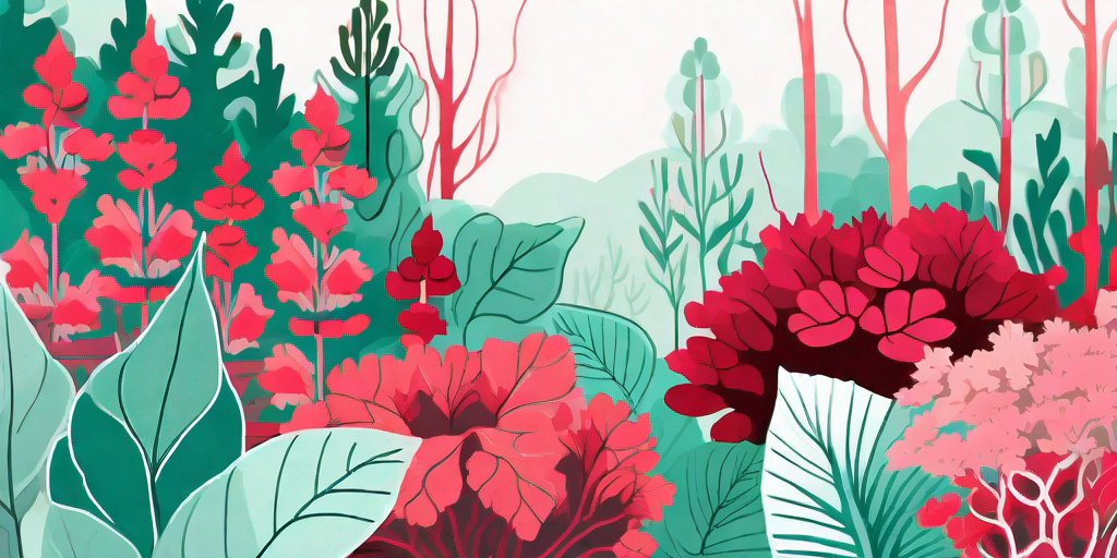 A lush garden scene dominated by vibrant coral bells plants in various shades of red