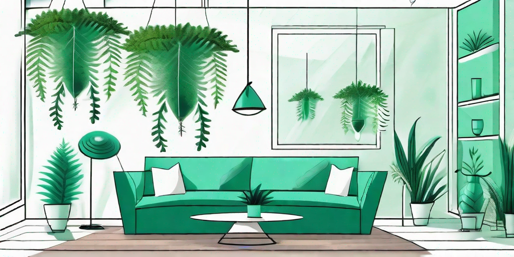 A stylishly decorated room with various hanging ferns in different sizes and types