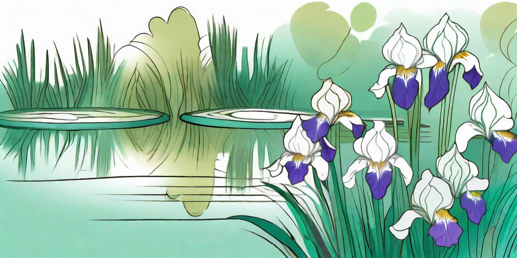 A serene garden pond with various colorful water irises in full bloom