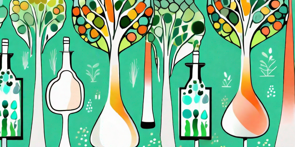 A whimsical garden scene featuring a variety of colorful bottle trees