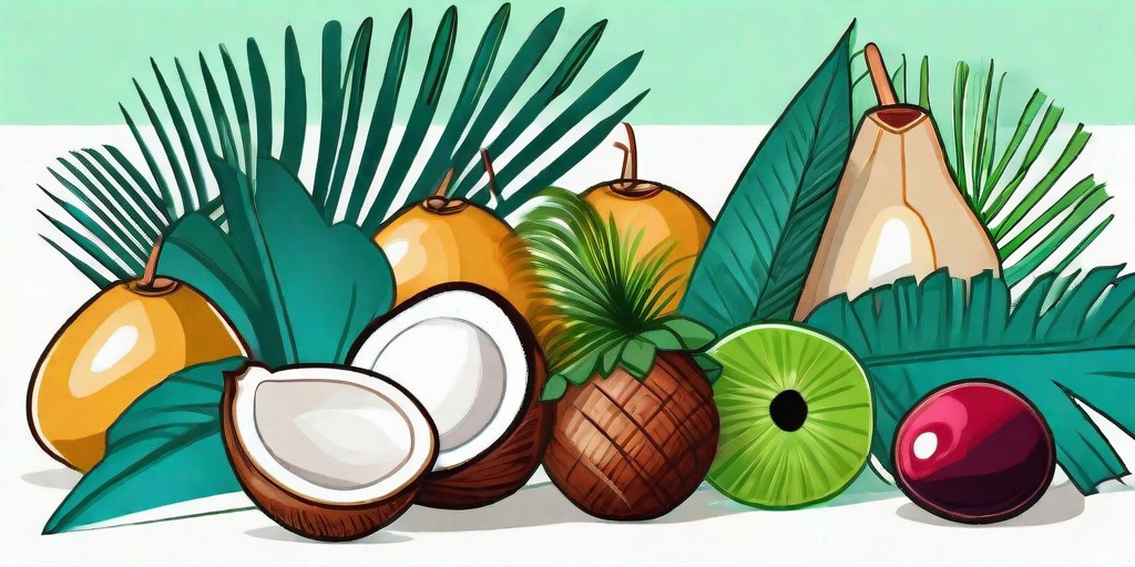 An assortment of vibrant and exotic palm tree fruits like coconuts