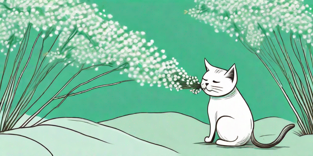 A curious cat sniffing a bunch of baby's breath flowers