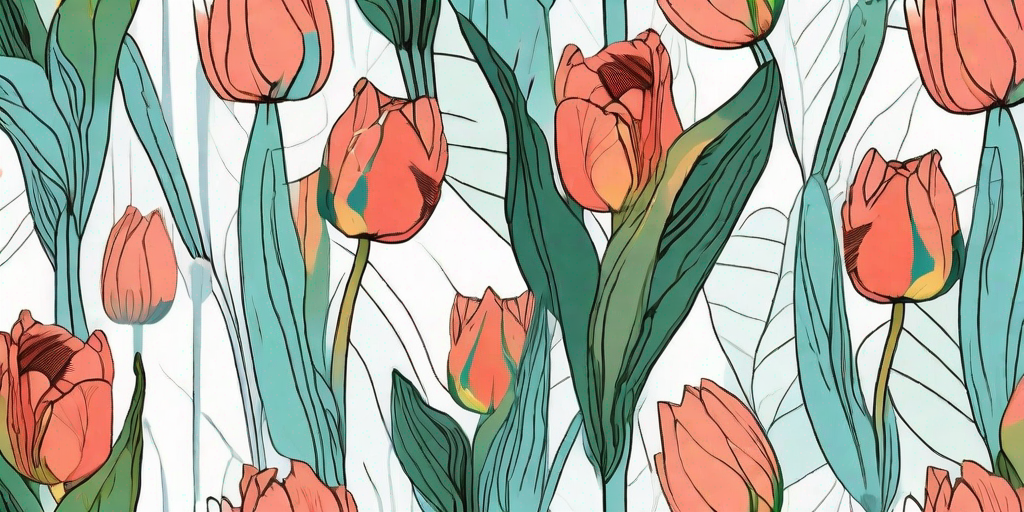 A garden scene filled with colorful parrot tulips in full bloom