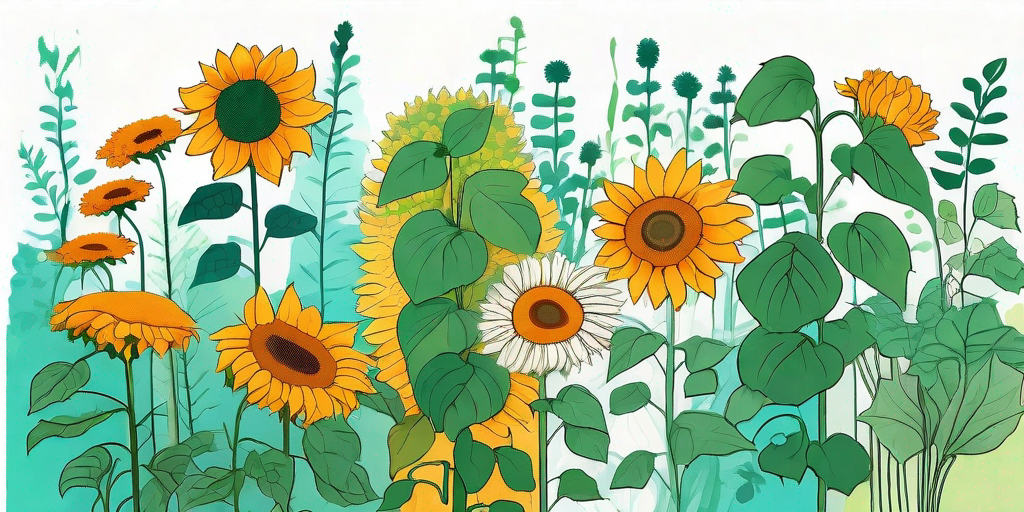 A vibrant garden scene featuring sunflowers towering over an array of different companion plants like marigolds
