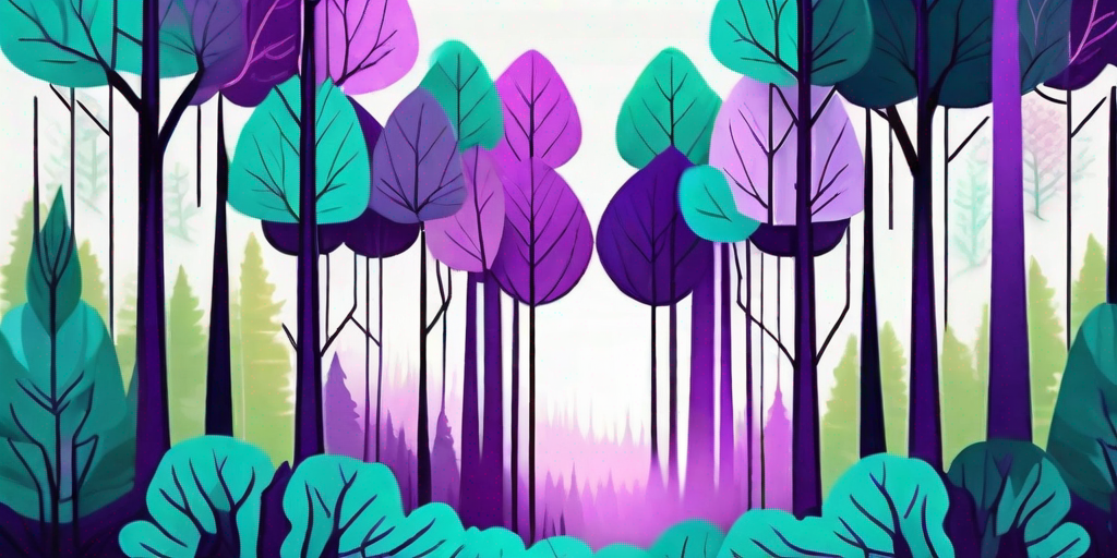 A serene forest scene showcasing a variety of trees with vibrant purple leaves