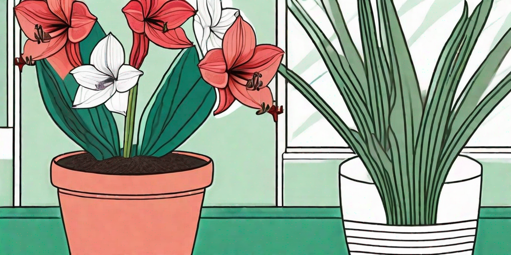 An indoor amaryllis plant next to a garden trowel and a pot