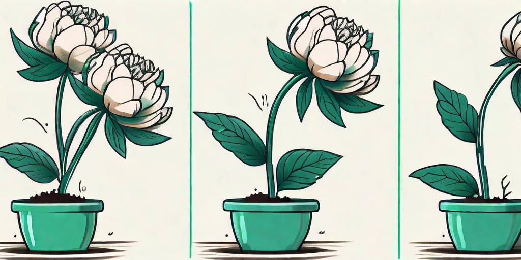 A sequence showing a peony root being transplanted into a pot and eventually blooming