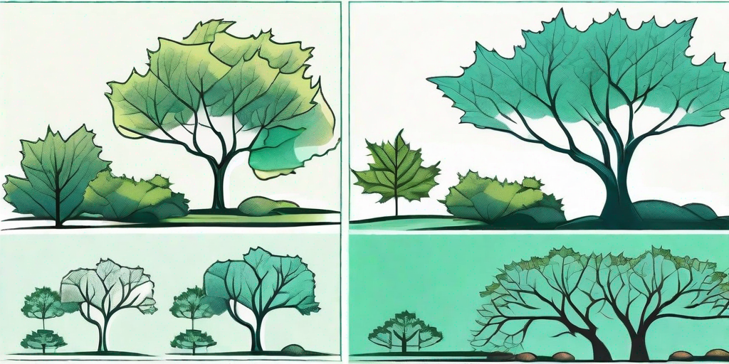 A maple tree in different stages of growth and pruning