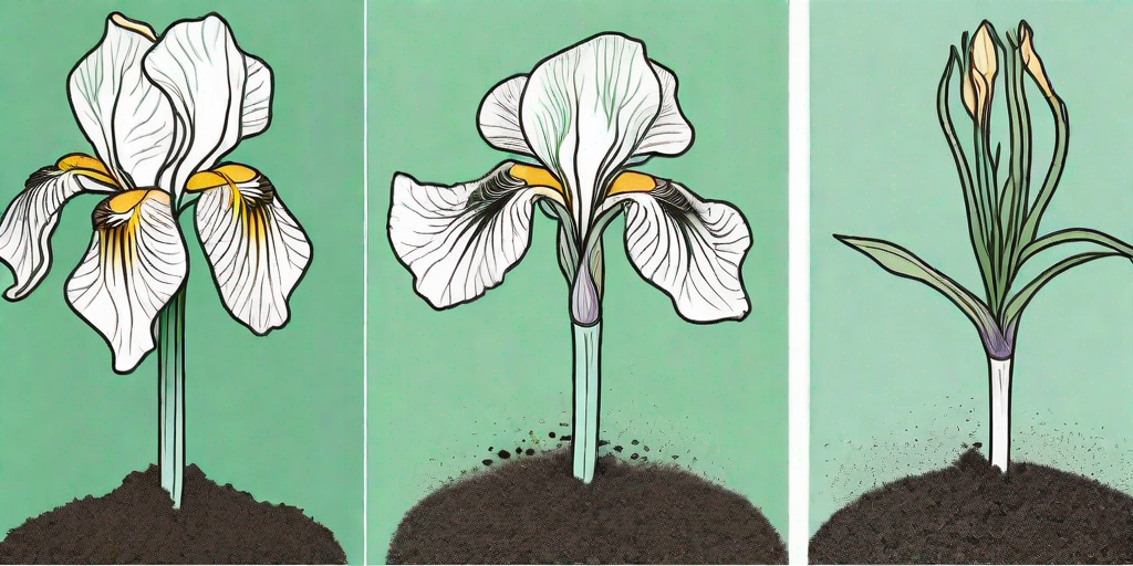 A sequence showing an iris root being transplanted into the soil and eventually blooming into a beautiful flower