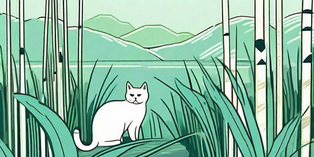 A playful cat amidst a serene landscape of cattails