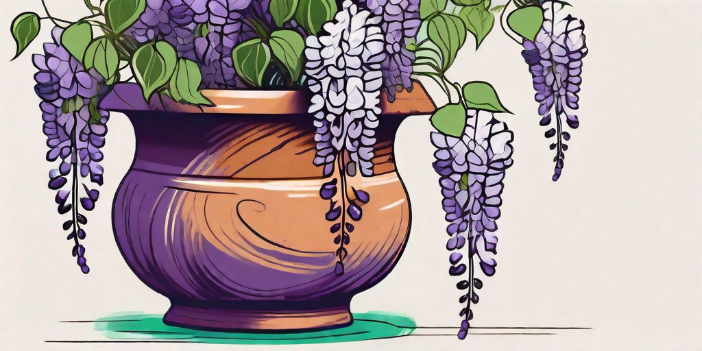 A thriving wisteria plant with vibrant purple flowers cascading over the edge of a rustic terracotta pot