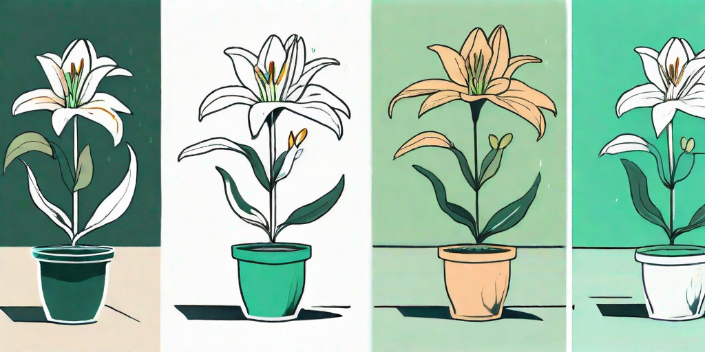 A potted lily on the left transitioning into a fully bloomed lily planted outdoors on the right