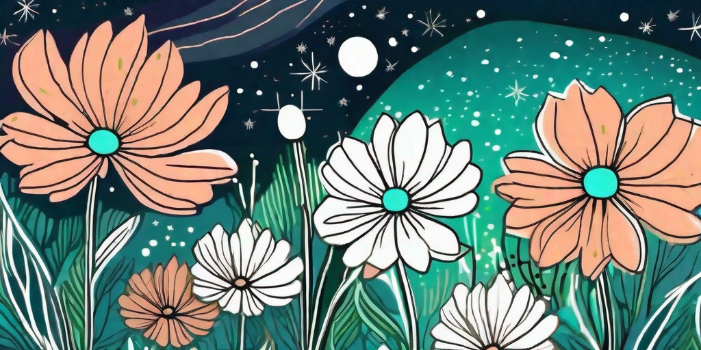 A vibrant cosmos flower garden under a star-studded night sky