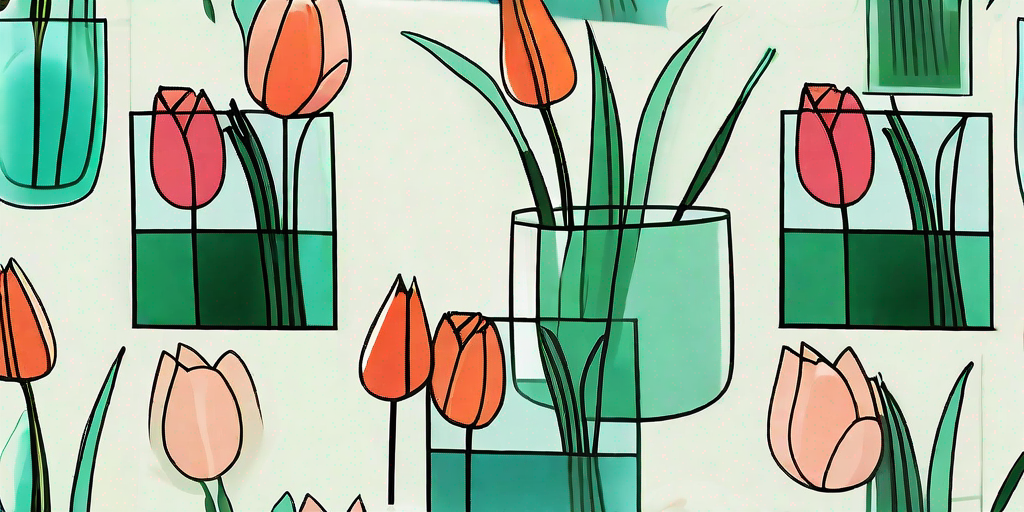 A vibrant array of tulips in various colors arranged beautifully in a clear glass vase