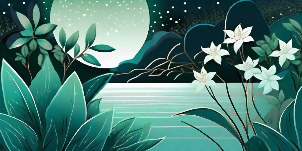 A mysterious night landscape with a blooming jasmine plant under the soft glow of the moonlight