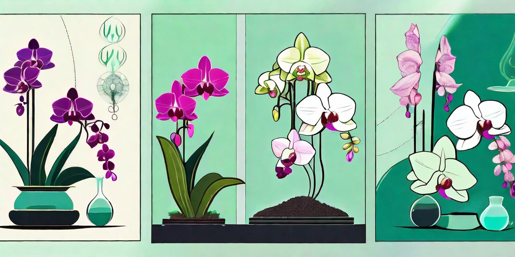 A variety of vibrant orchids in different stages of growth