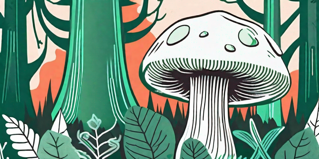 The devil's tooth mushroom in a lush forest setting