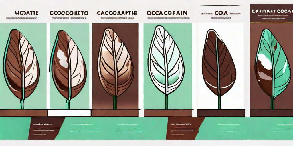 A cocoa plant with a series of images showing the transformation from a cocoa pod to a chocolate bar