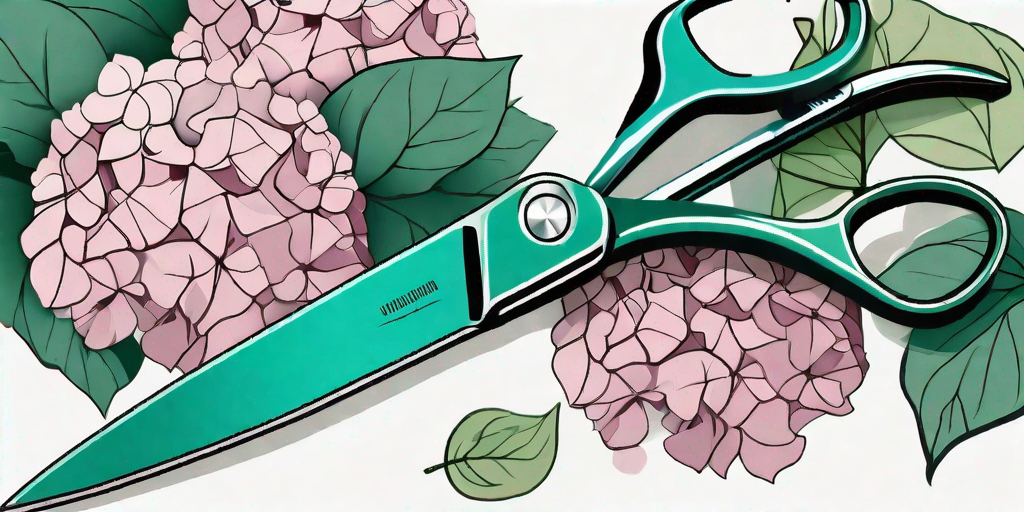 A pair of gardening shears cutting off a wilted hydrangea bloom