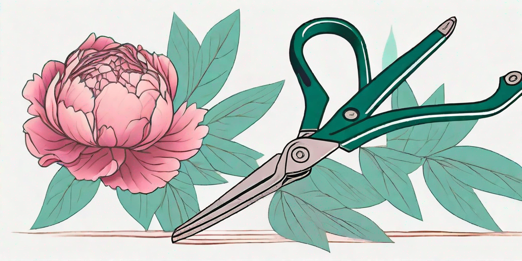 A pair of gardening shears delicately pruning a vibrant peony bush