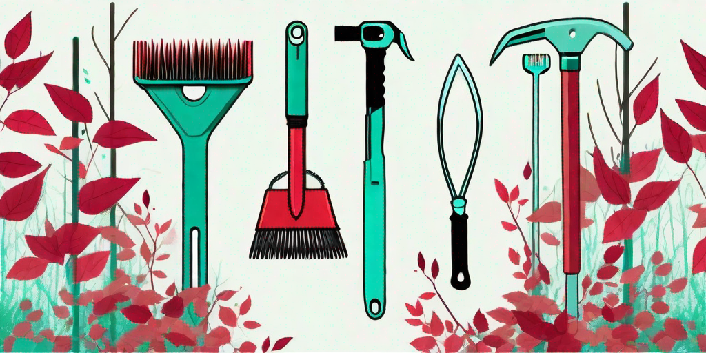 A garden scene where various gardening tools are strategically placed to combat the overgrowth of virginia creeper