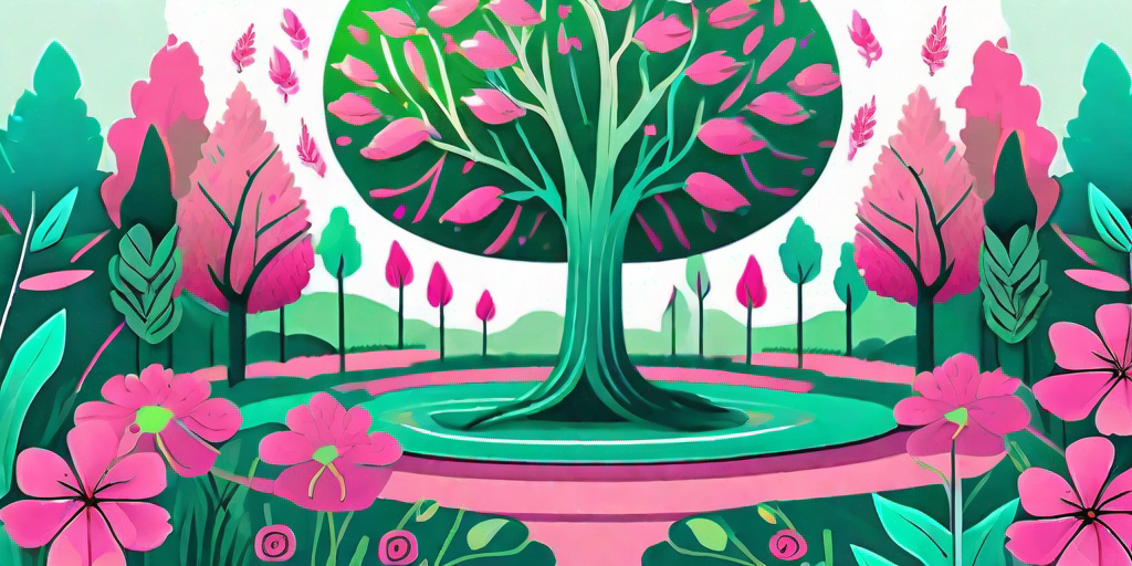 A vibrant pink leaf tree in the center of a lush green garden