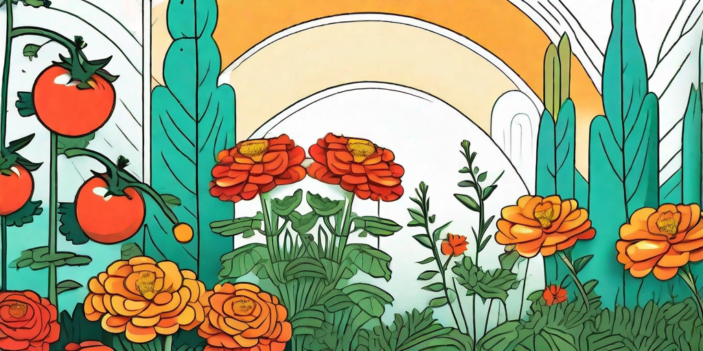 A vibrant garden scene featuring marigold flowers and tomato plants growing side by side
