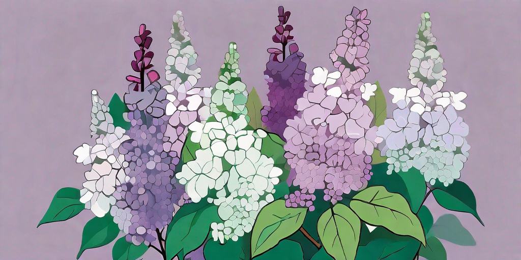 A lush garden filled with different varieties of blooming lilacs in various shades of purples