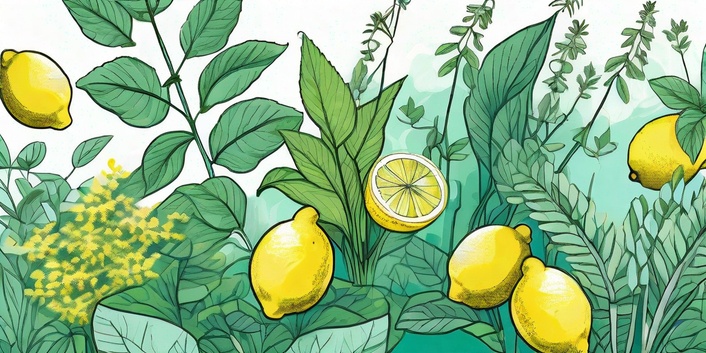 A vibrant garden filled with various lemon-scented plants like lemon balm