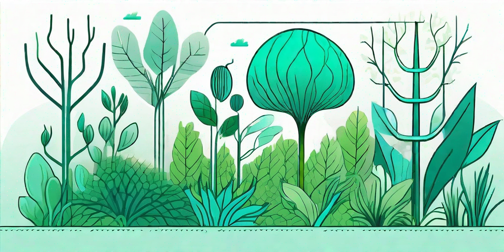 A vibrant garden scene focusing on the underground network of rhizomes connecting various healthy and beautiful plants