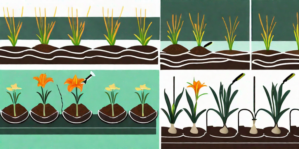 A sequence showing a daylily progressing from a root bulb in soil