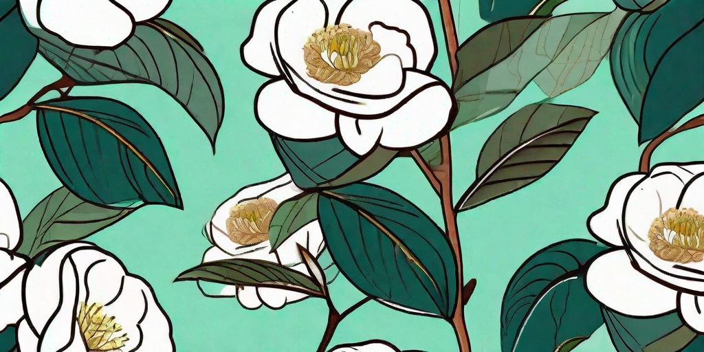 A camellia plant in a garden setting showing signs of common problems such as yellowing leaves